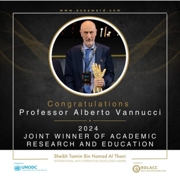 Prof. Alberto Vannucci premiato con l’International Anticorruption Excellence Award