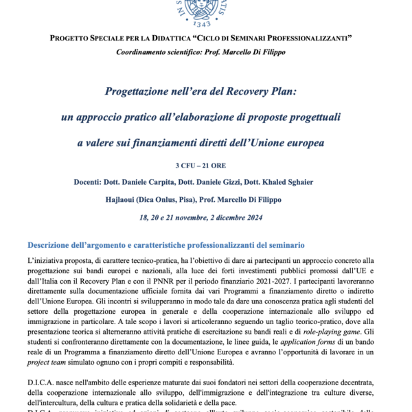 Progetto Speciale per la Didattica: “Seminari professionalizzanti” rivolto a studenti e studentesse della LM-52 