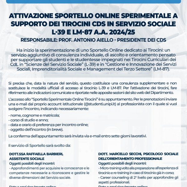 Attivazione sportello online sperimentale a supporto dei tirocini L-39 e LM-87 (a.a. 2024/25)