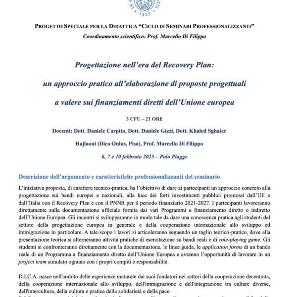 Progetto Speciale per la Didattica (LM-52): “Seminari professionalizzanti” sul diritto di protesta (con Amnesty International) e sull’europrogettazione (con DICA Onlus)