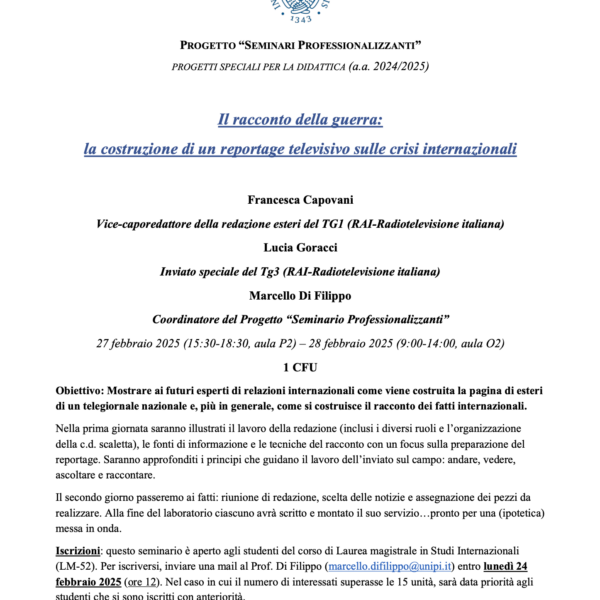 Progetto Speciale per la Didattica (LM-52): Andiamo in televisione! Laboratorio pratico con i giornalisti della RAI